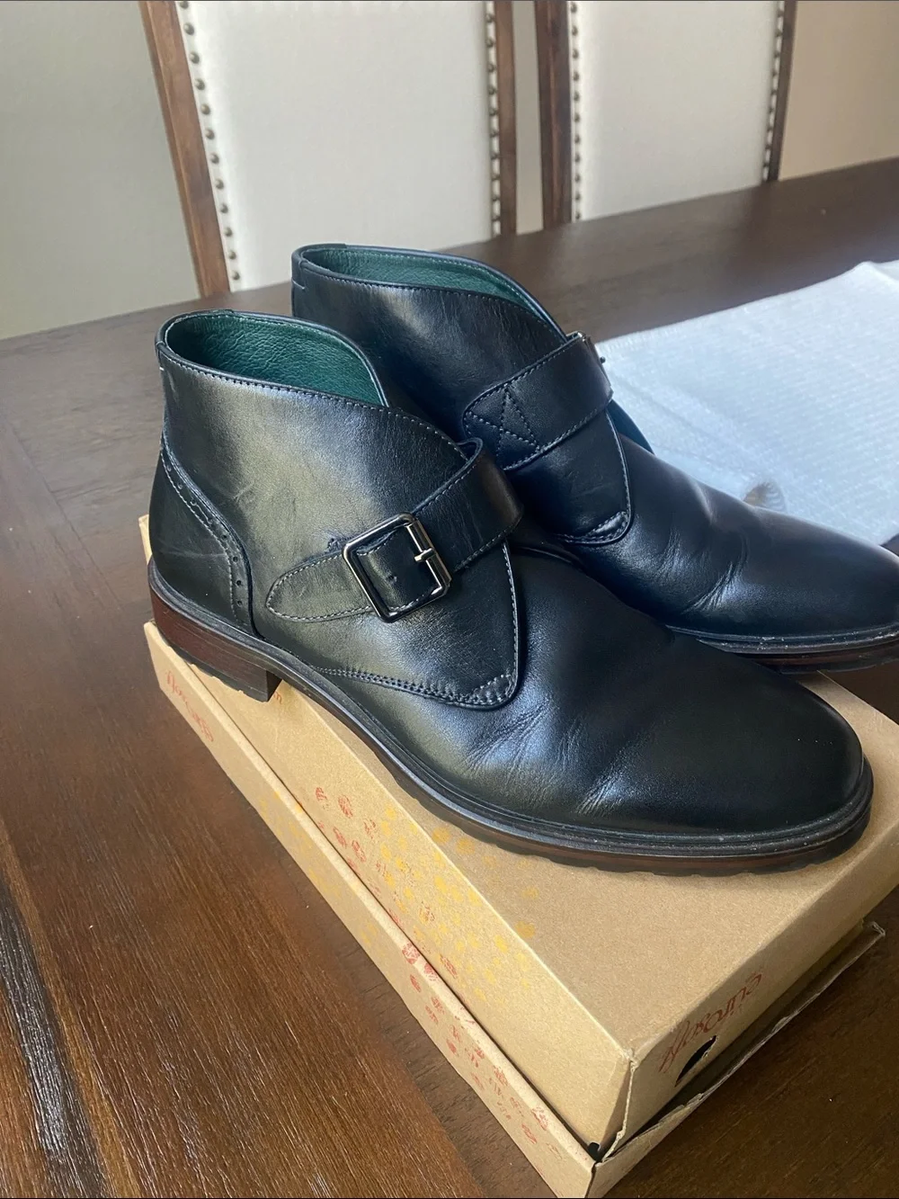 Johnston & Murphy Black Leather Chukka Boots with Gold Buckle